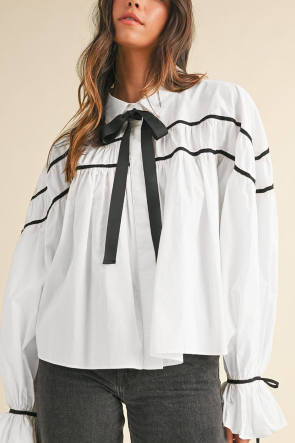 Ribbon Bowtie Collared Neck Flounce Sleeve Shirt - Charming Charlie