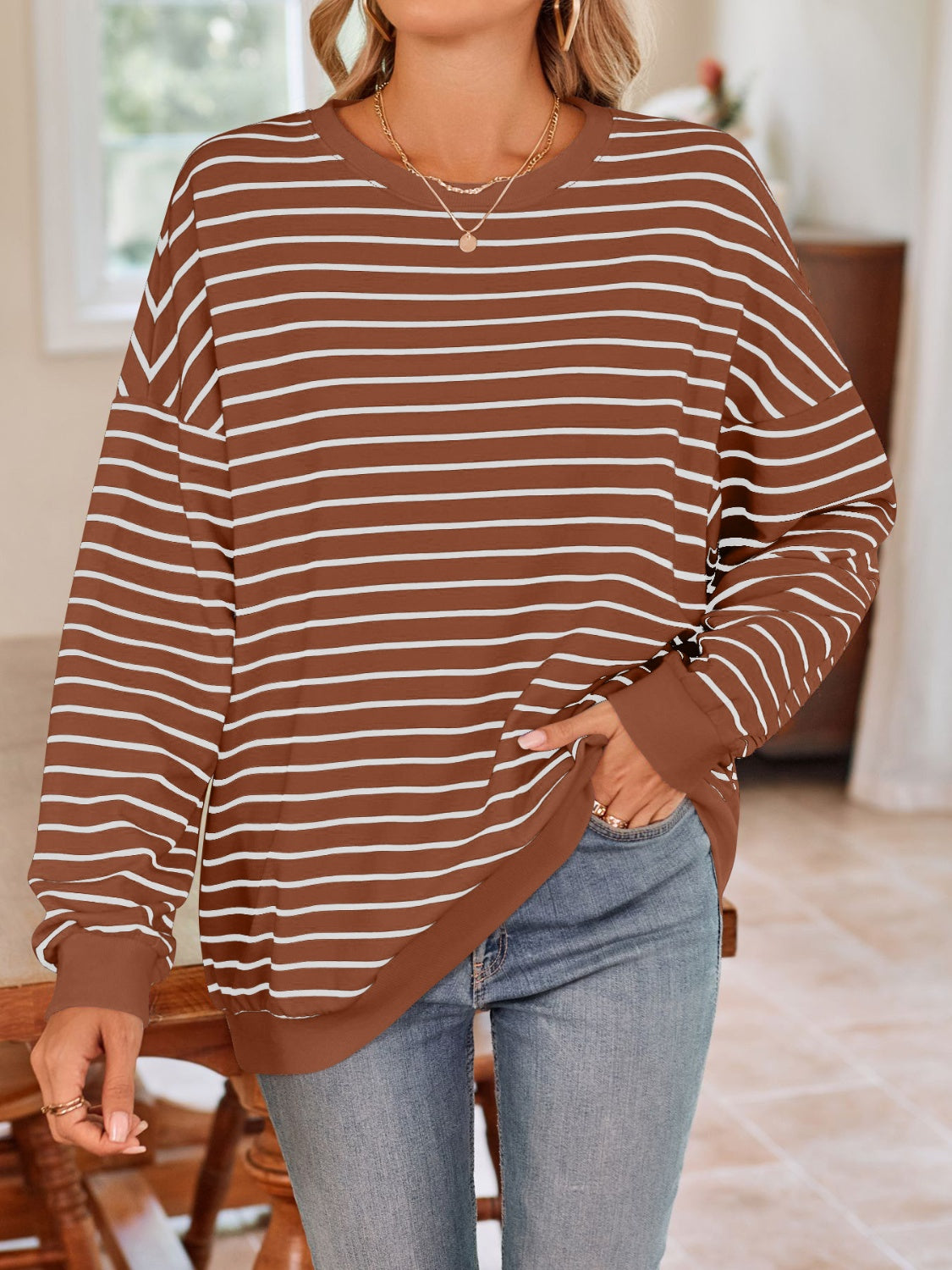Striped Round Neck Long Sleeve Sweatshirt - Charming Charlie