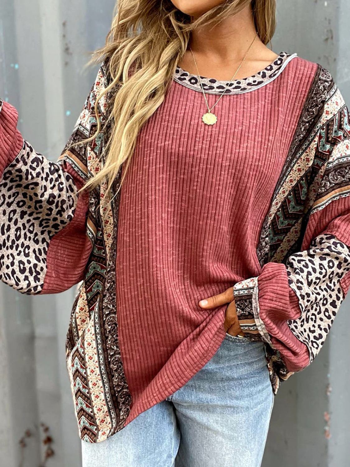 Leopard Round Neck Long Sleeve Sweatshirt - Charming Charlie