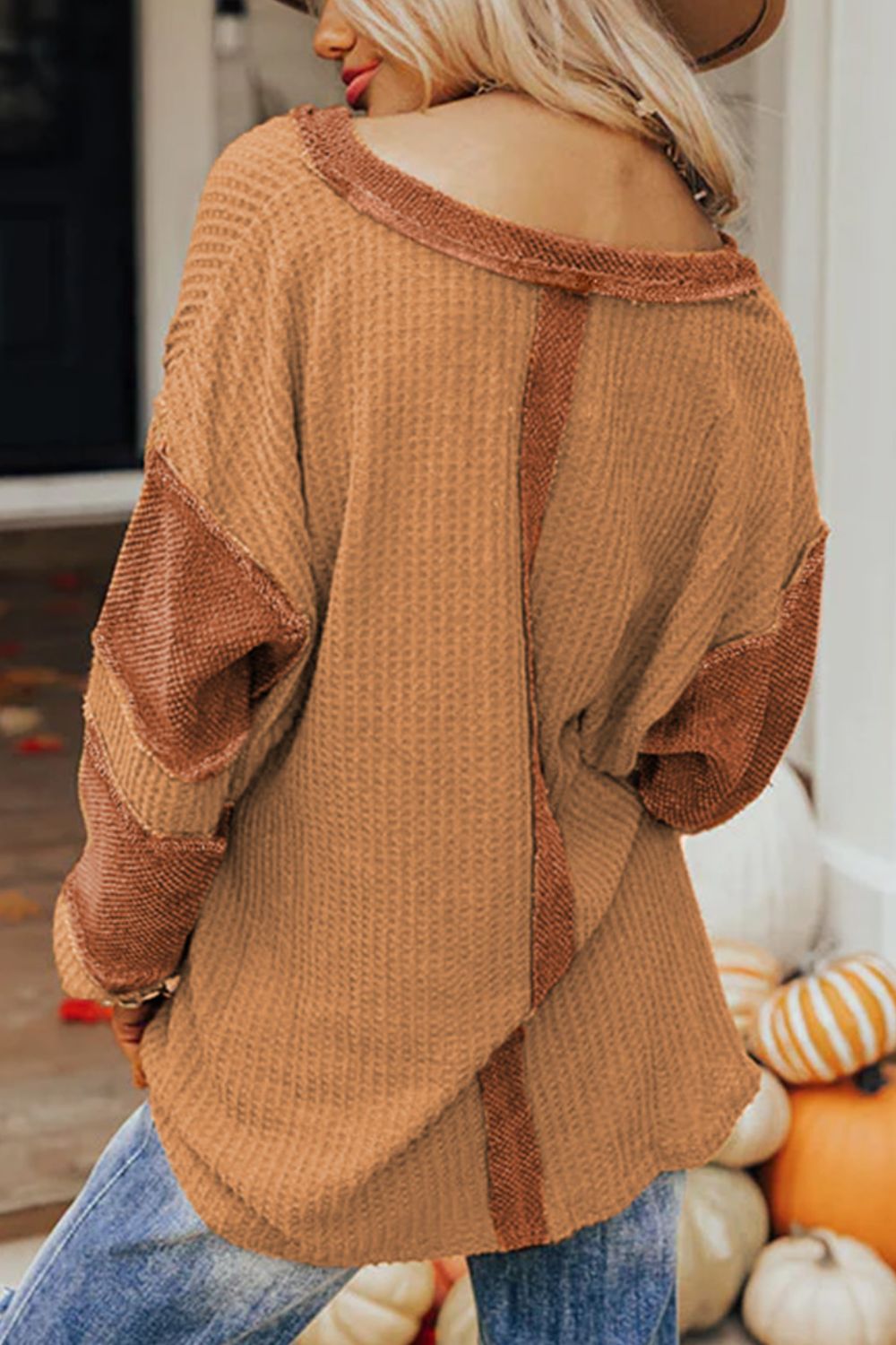Contrast Patched Exposed Seam Waffle Knit Henley Top - Charming Charlie