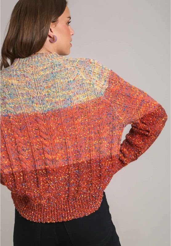 Cable-Knit Color Block Round Neck Long Sleeve Sweater - Charming Charlie