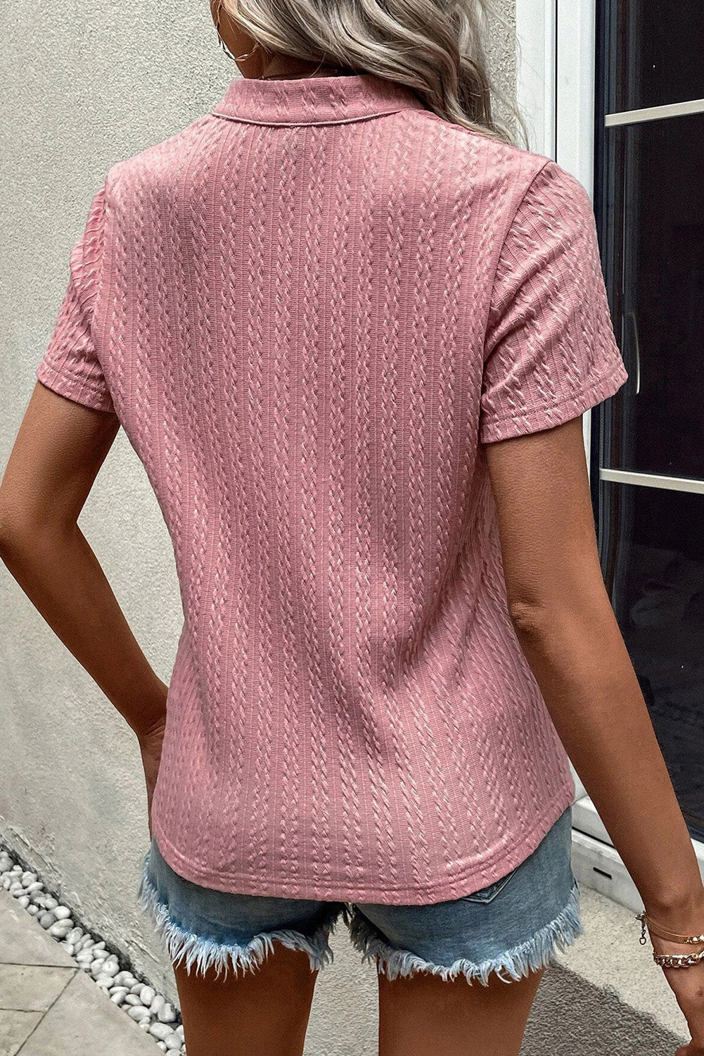 Textured Notched Short Sleeve T-Shirt - Charming Charlie