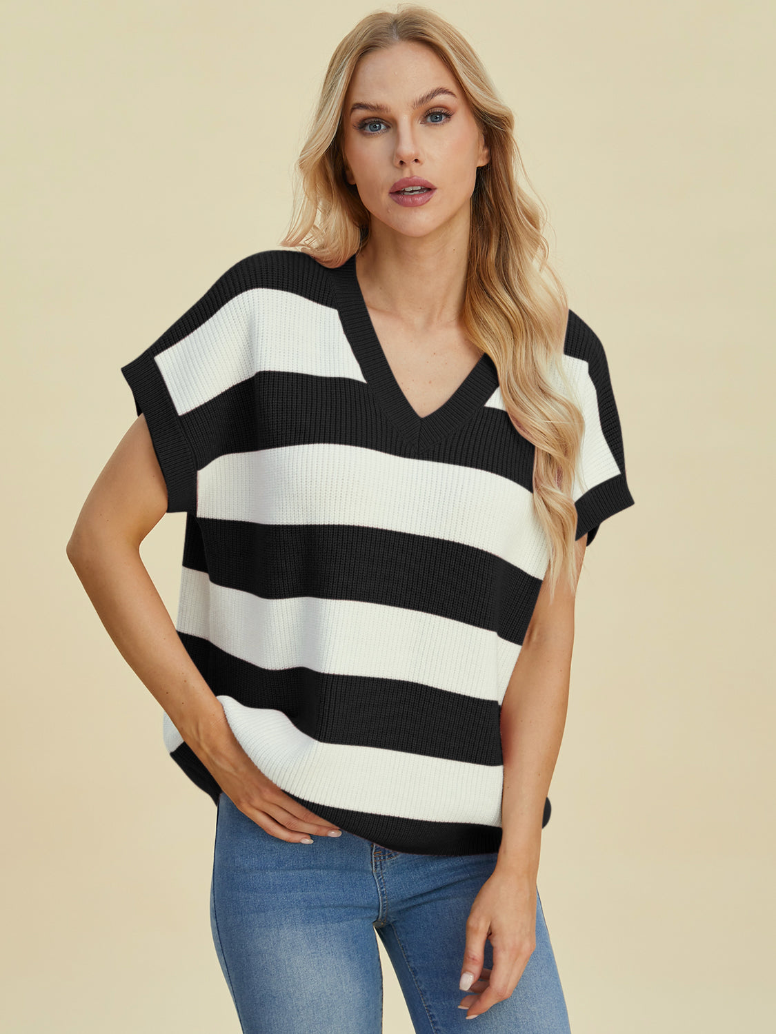 Double Take Full Size Striped V-Neck Short Sleeve Sweater - Charming Charlie
