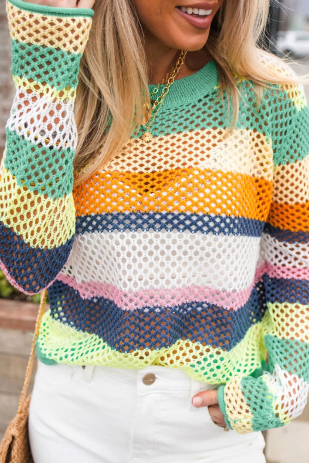 Openwork Contrast Striped Round Neck Knit Top - Charming Charlie