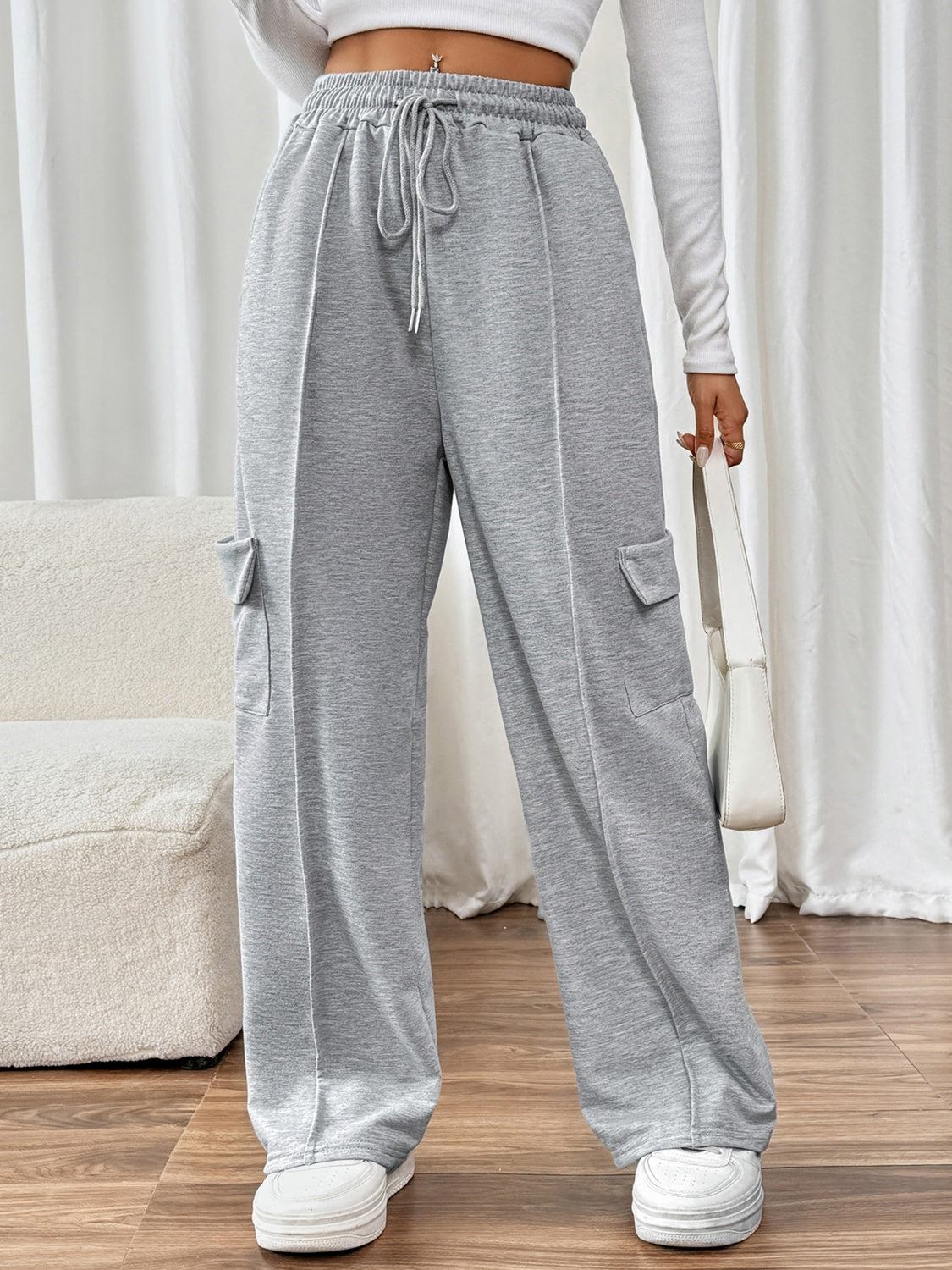 Drawstring Wide Leg Pants with Pockets - Charming Charlie