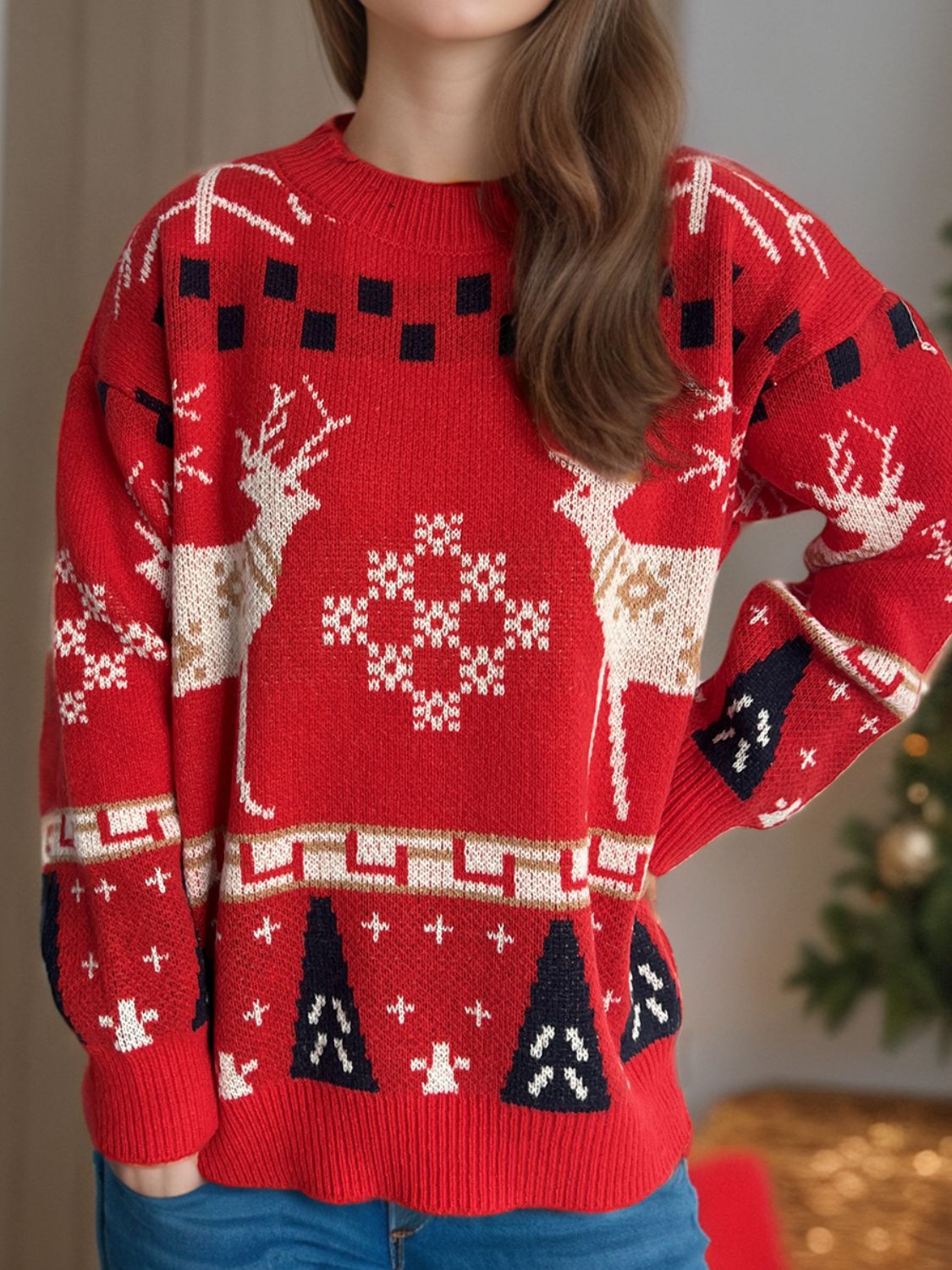 Christmas Element Round Neck Long Sleeve Sweater - Charming Charlie