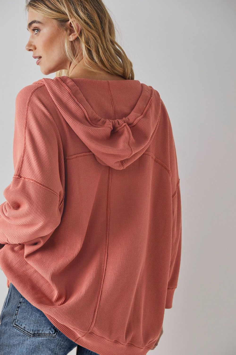 Exposed Seam Drawstring Long Sleeve Hoodie - Charming Charlie