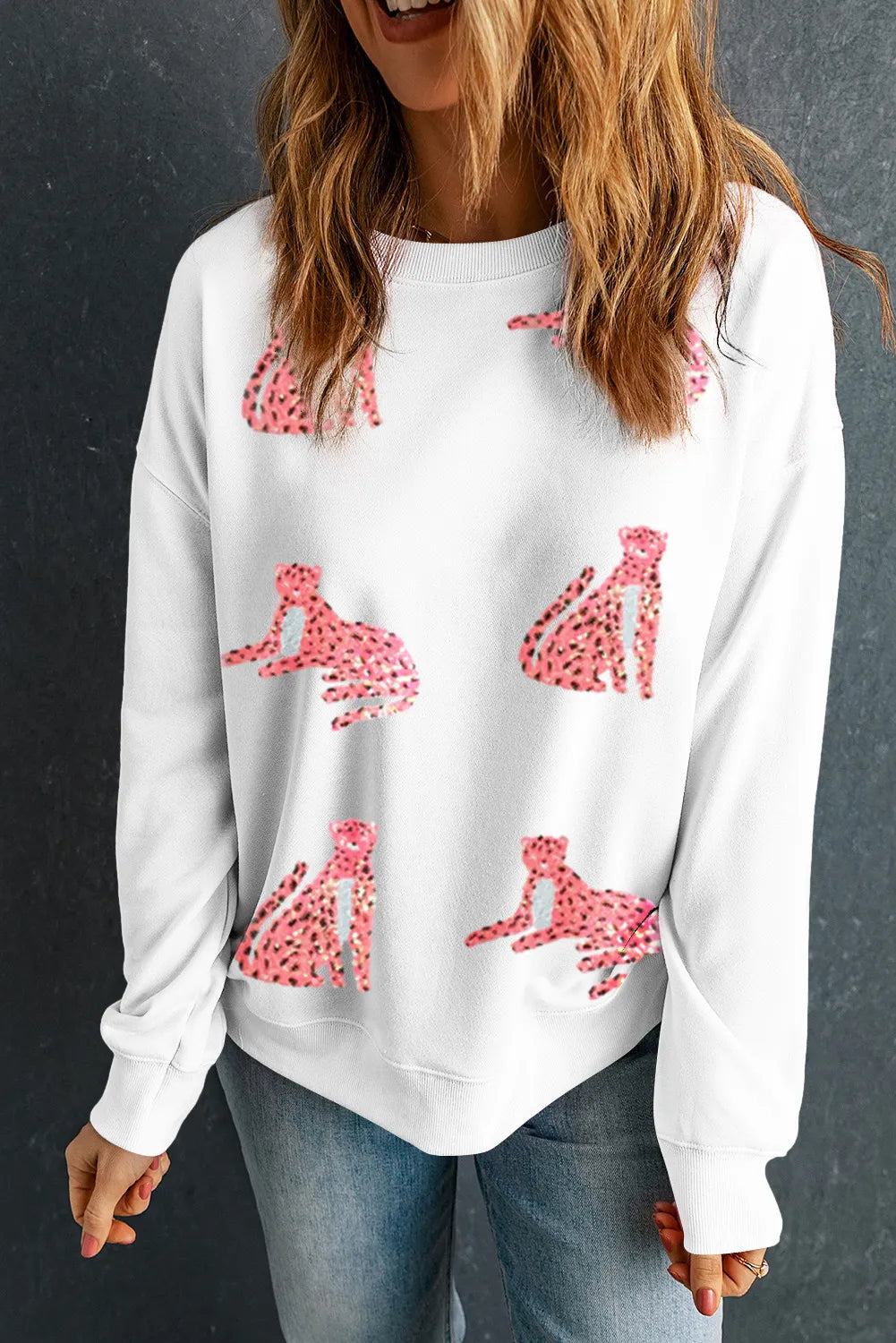 Leopard Round Neck Long Sleeve Sweatshirt - Charming Charlie