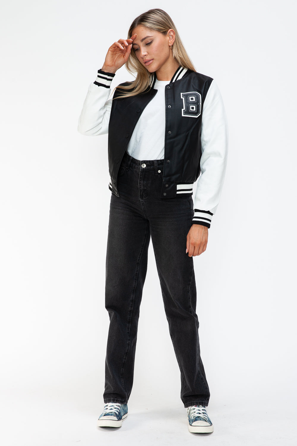 Love Me Now PU Leather Contrast Snap Down Bomber Jacket - Charming Charlie