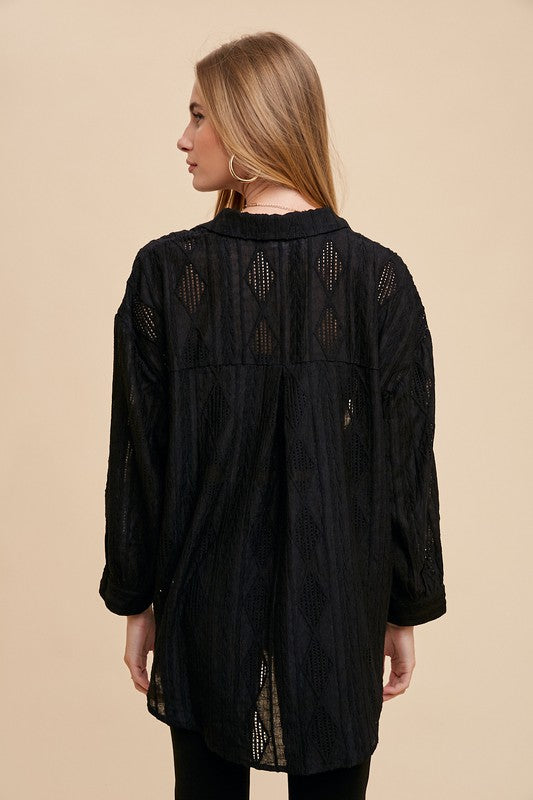 Annie Wear Openwork Button Down Drop Shoulder Shirt - Charming Charlie