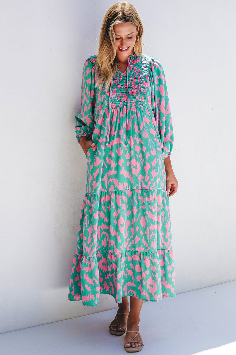 Smocked Printed Tie Neck Long Sleeve Dress - Charming Charlie