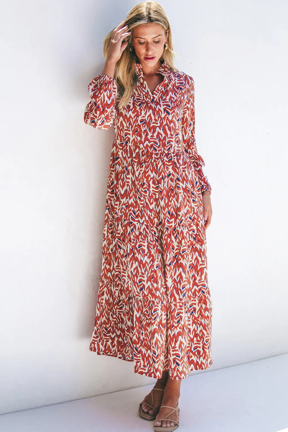 Printed Notched Long Sleeve Dress - Charming Charlie