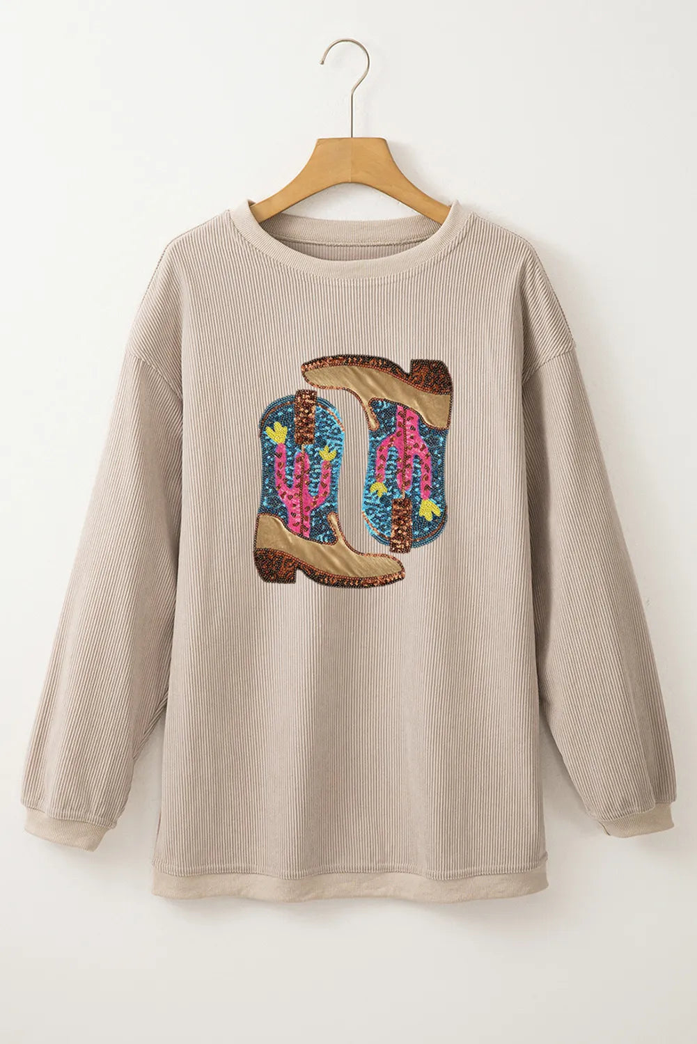 Full Size Sequin Boots Round Neck Long Sleeve Sweatshirt - Charming Charlie