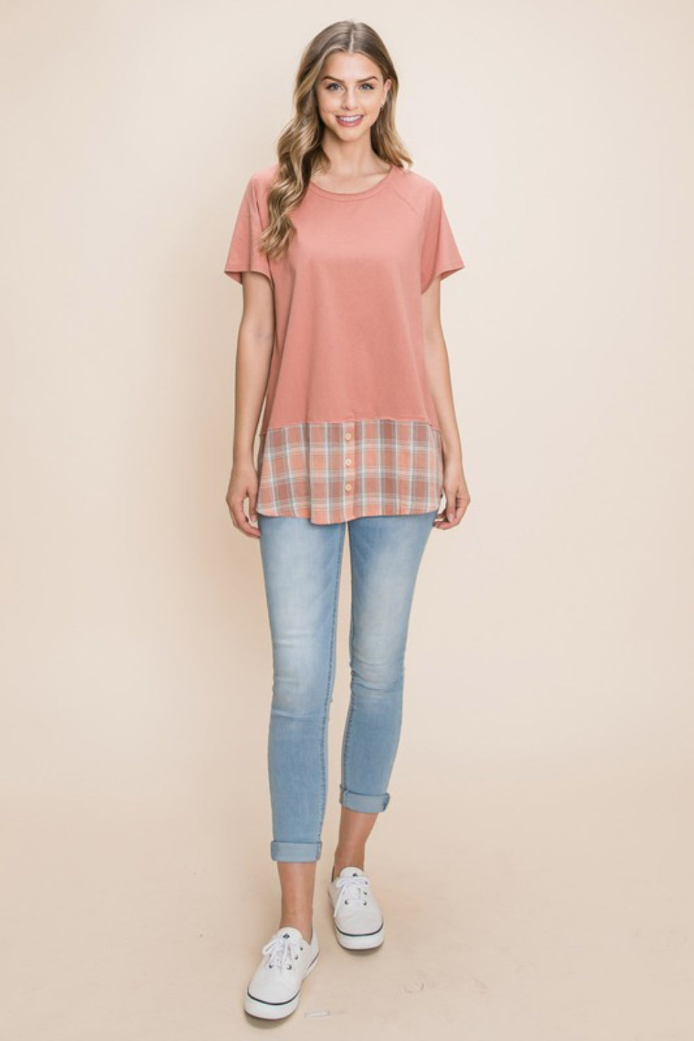 Cotton Bleu by Nu Lab Plaid Contrast Short Sleeve T-Shirt - Charming Charlie