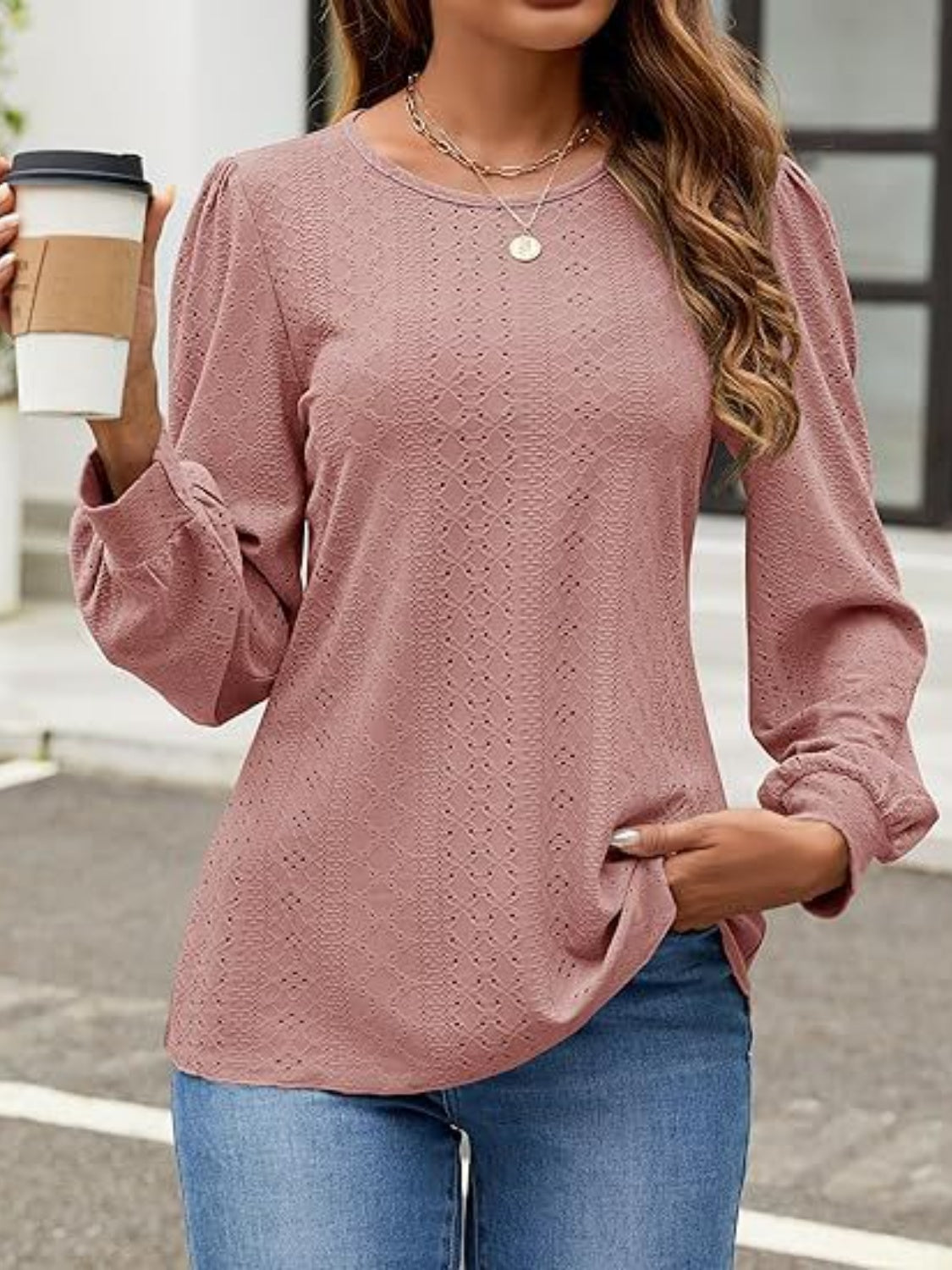 Eyelet Round Neck Long Sleeve Top - Charming Charlie