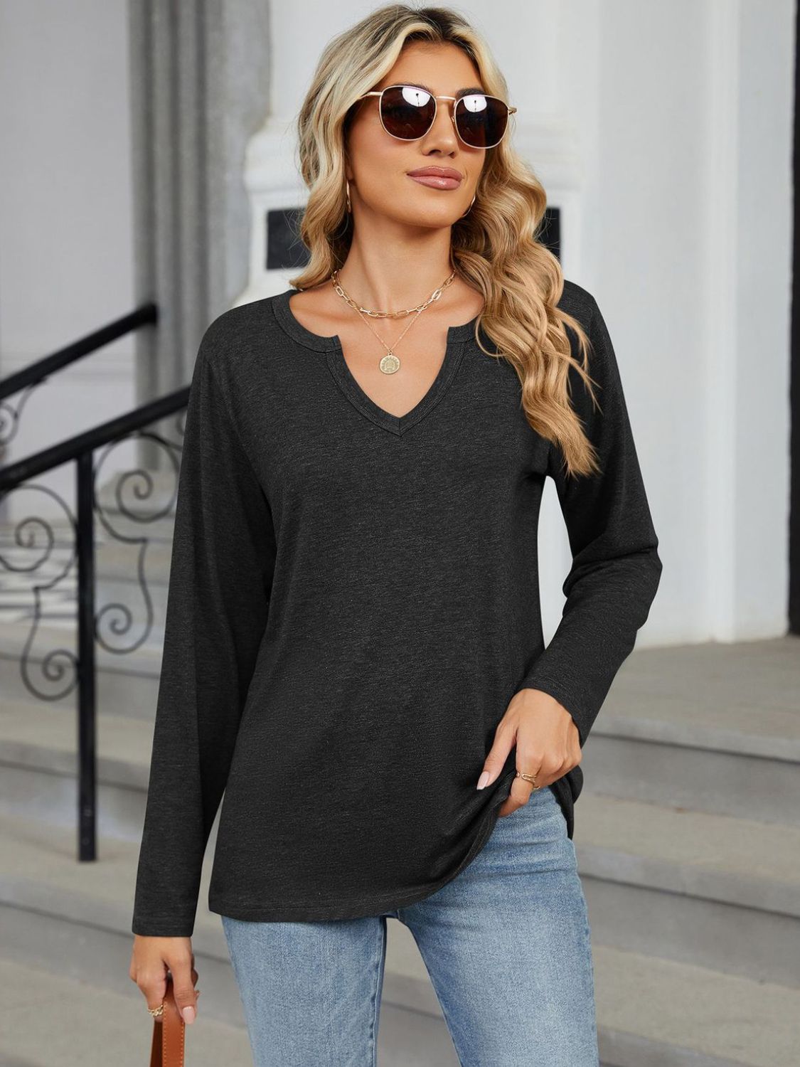 Notched Long Sleeve T-Shirt - Charming Charlie