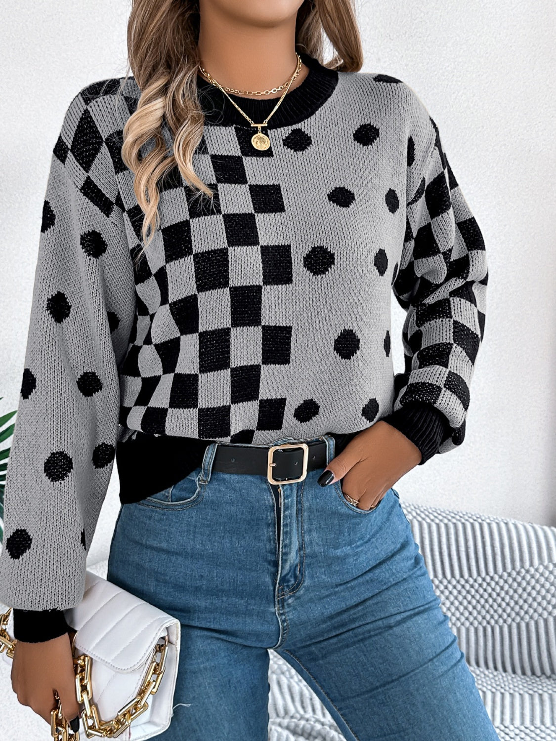 Plaid Round Neck Long Sleeve Sweater - Charming Charlie