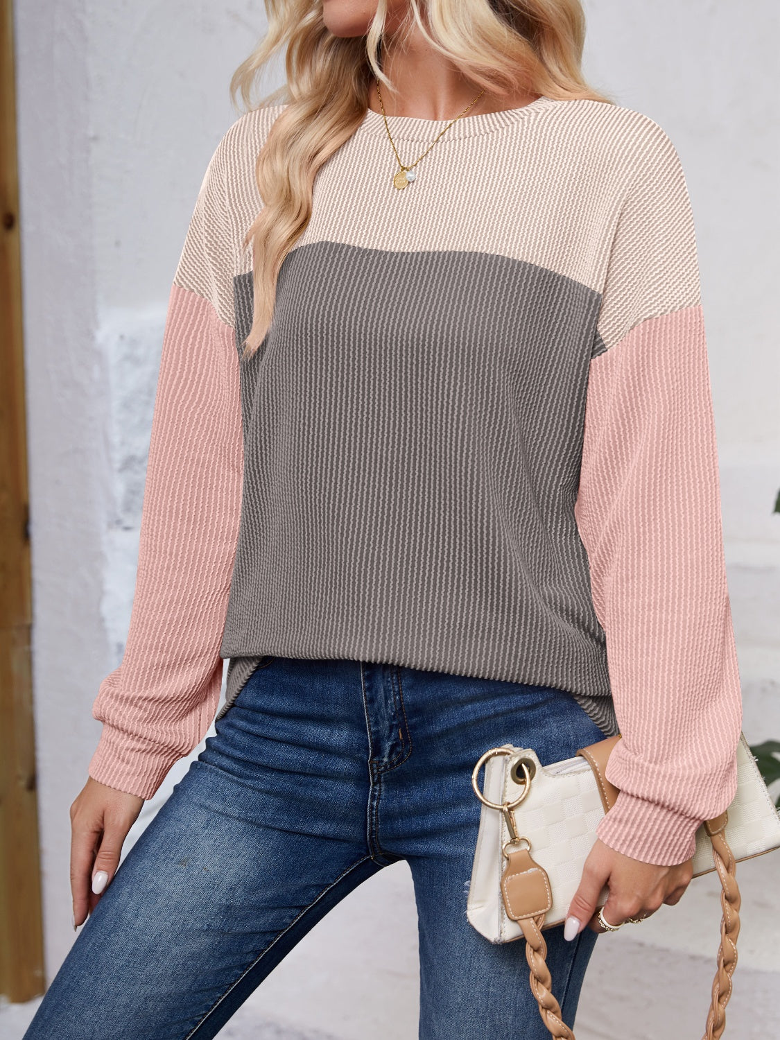 Color Block Round Neck Long Sleeve Sweatshirt - Charming Charlie