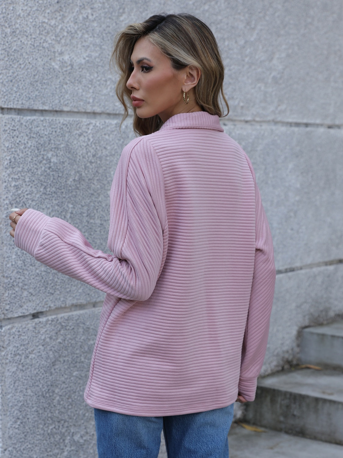 Full Size Ribbed Quarter Zip Long Sleeve Sweatshirt - Charming Charlie