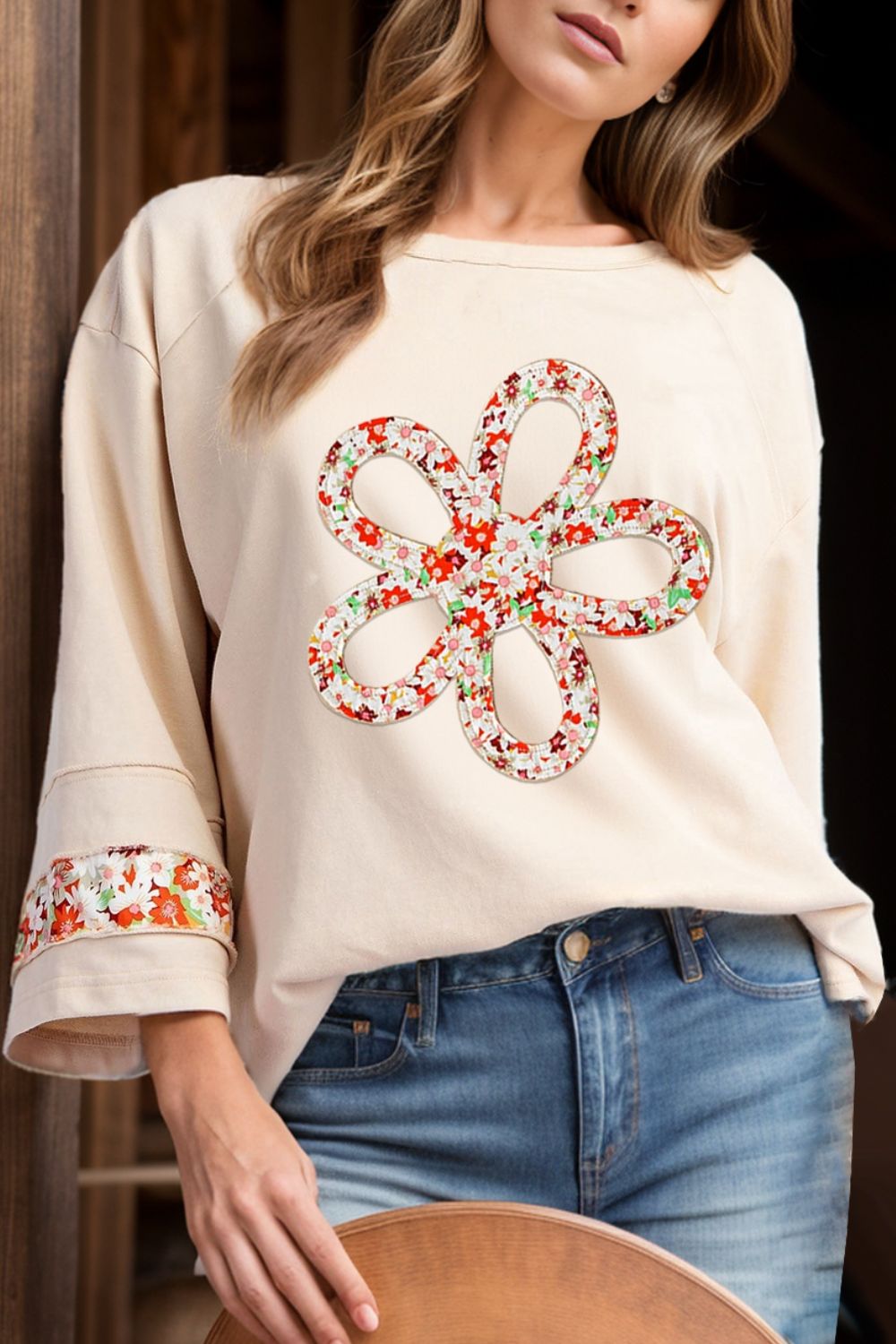 Exposed Seam Slit Floral Round Neck Blouse - Charming Charlie