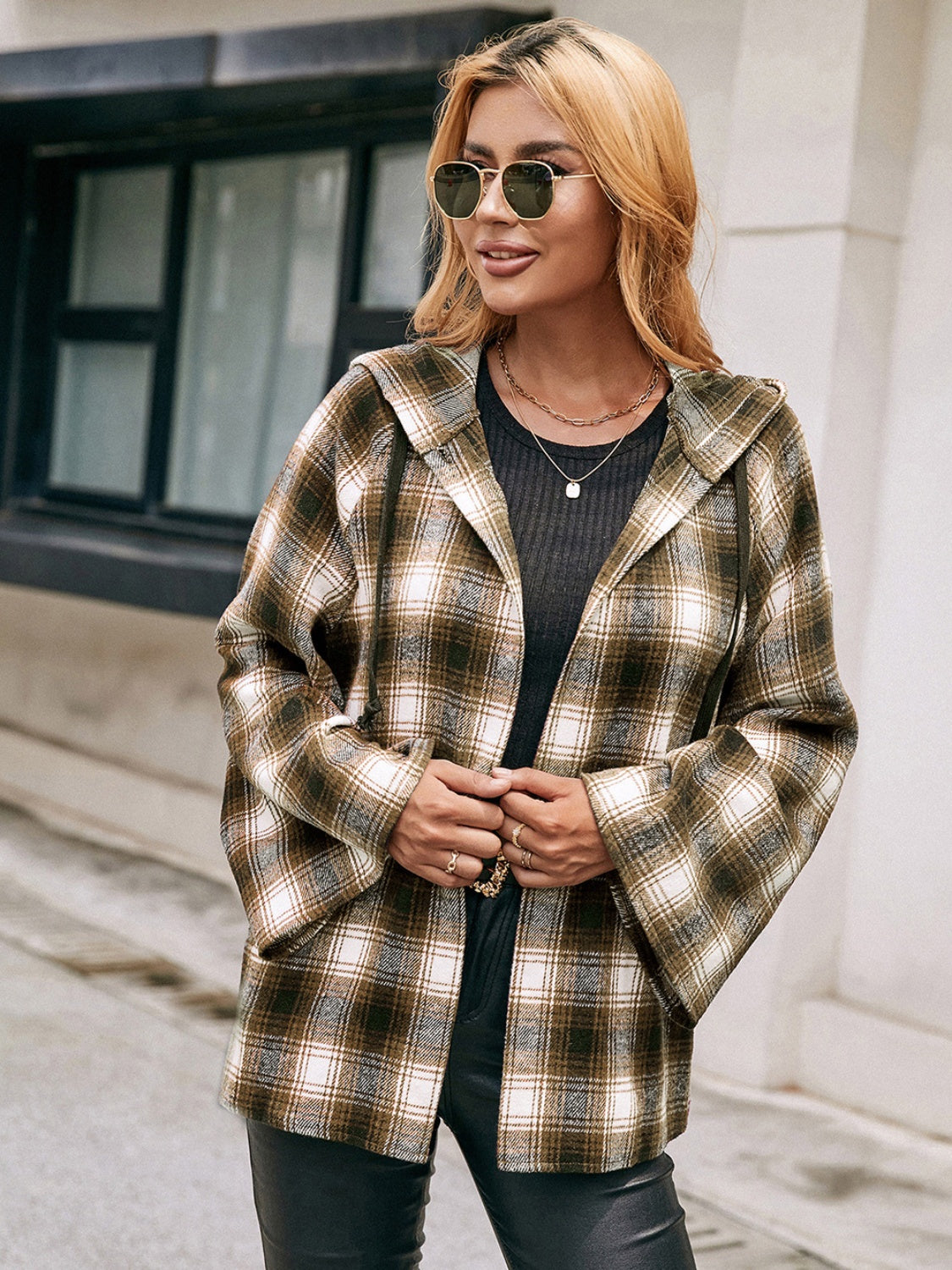 Pocketed Plaid Long Sleeve Hooded Jacket - Charming Charlie