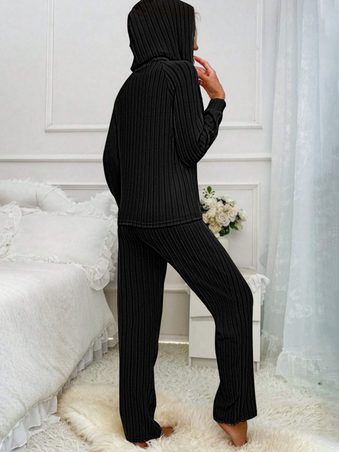Drawstring Half Button Hooded Top and Ribbed Pants Set - Charming Charlie