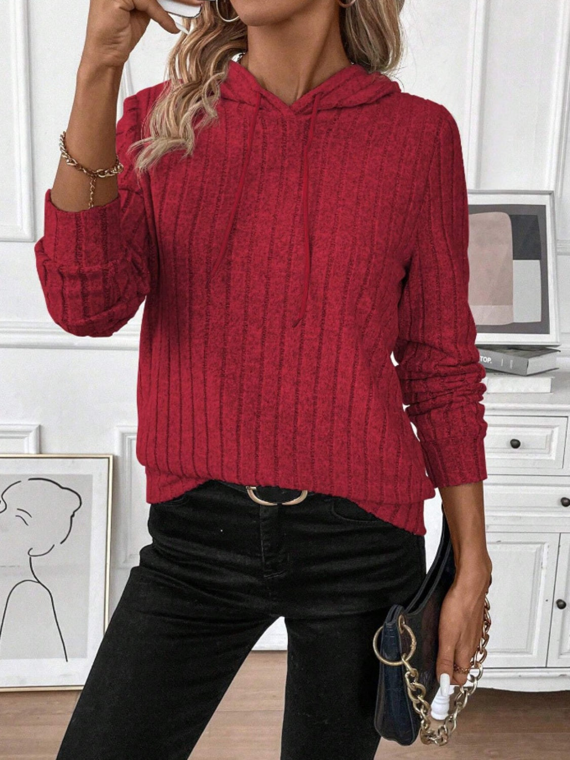 Drawstring Ribbed Long Sleeve Hoodie - Charming Charlie