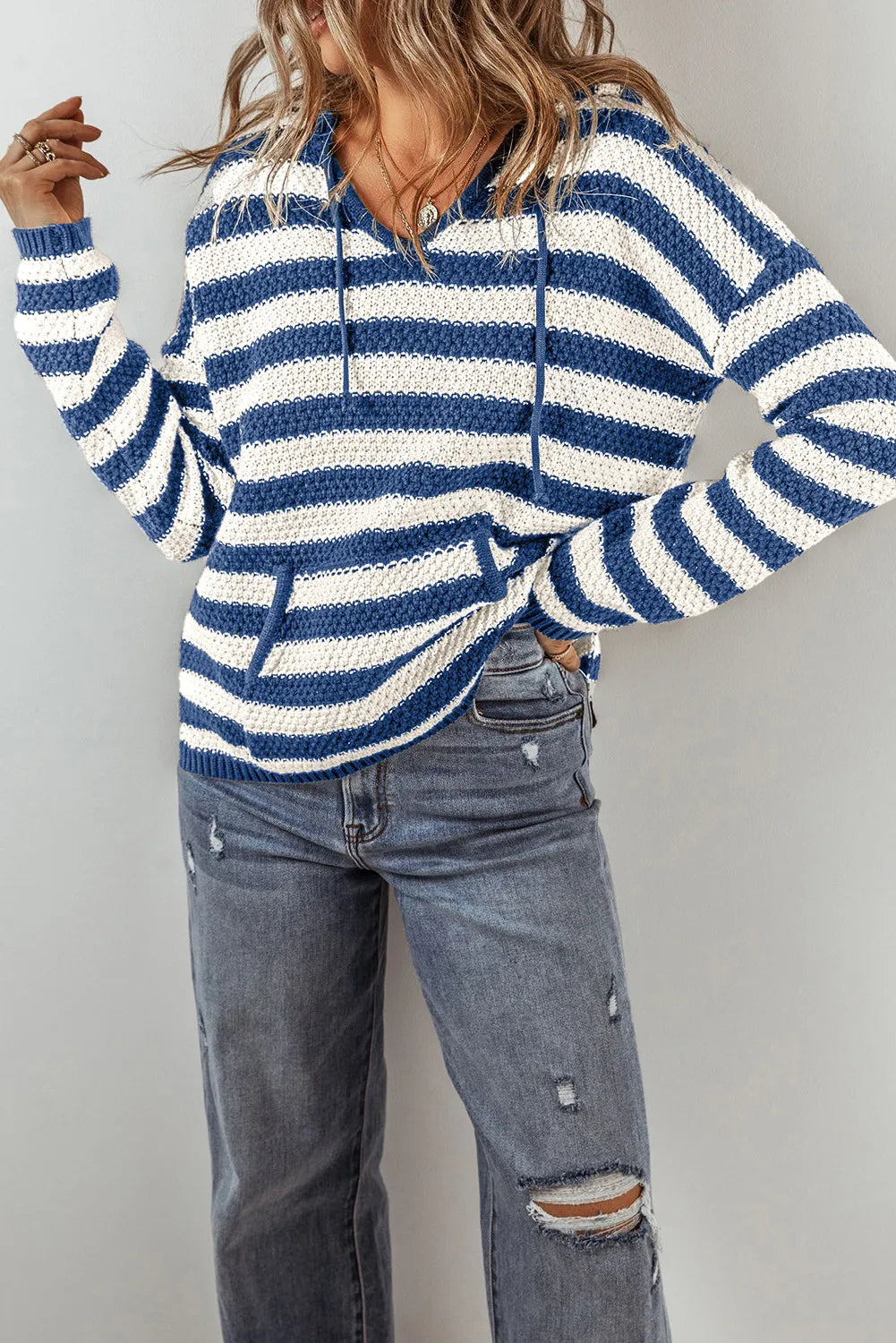 Drawstring Striped Long Sleeve Hooded Sweater - Charming Charlie