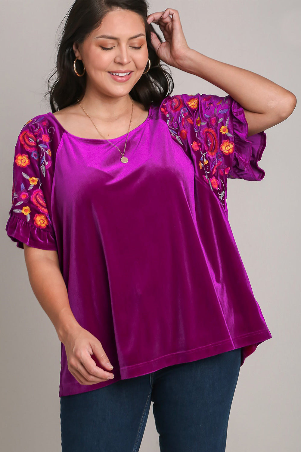 Umgee Full Size Velvet Embroidery Short Sleeve Blouse - Charming Charlie