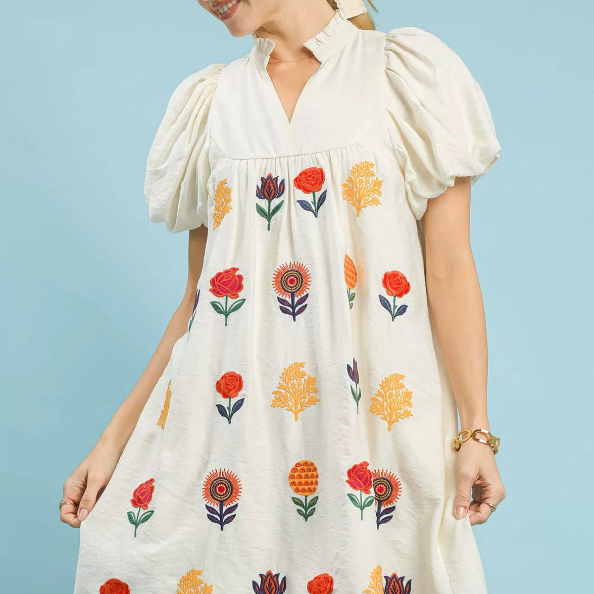 Umgee Floral Embroidered Stripe Dress with Side Slits