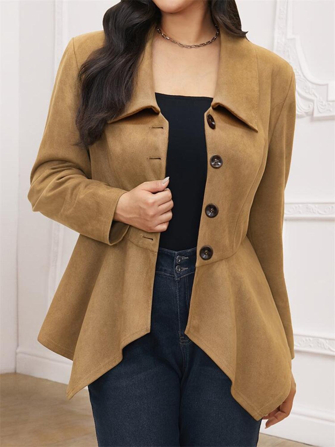 Handkerchief Hem Button Up Collared Neck Jacket - Charming Charlie