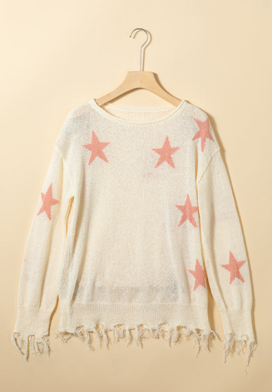 Contrast Star Raw Hem Long Sleeve Knit Top - Charming Charlie
