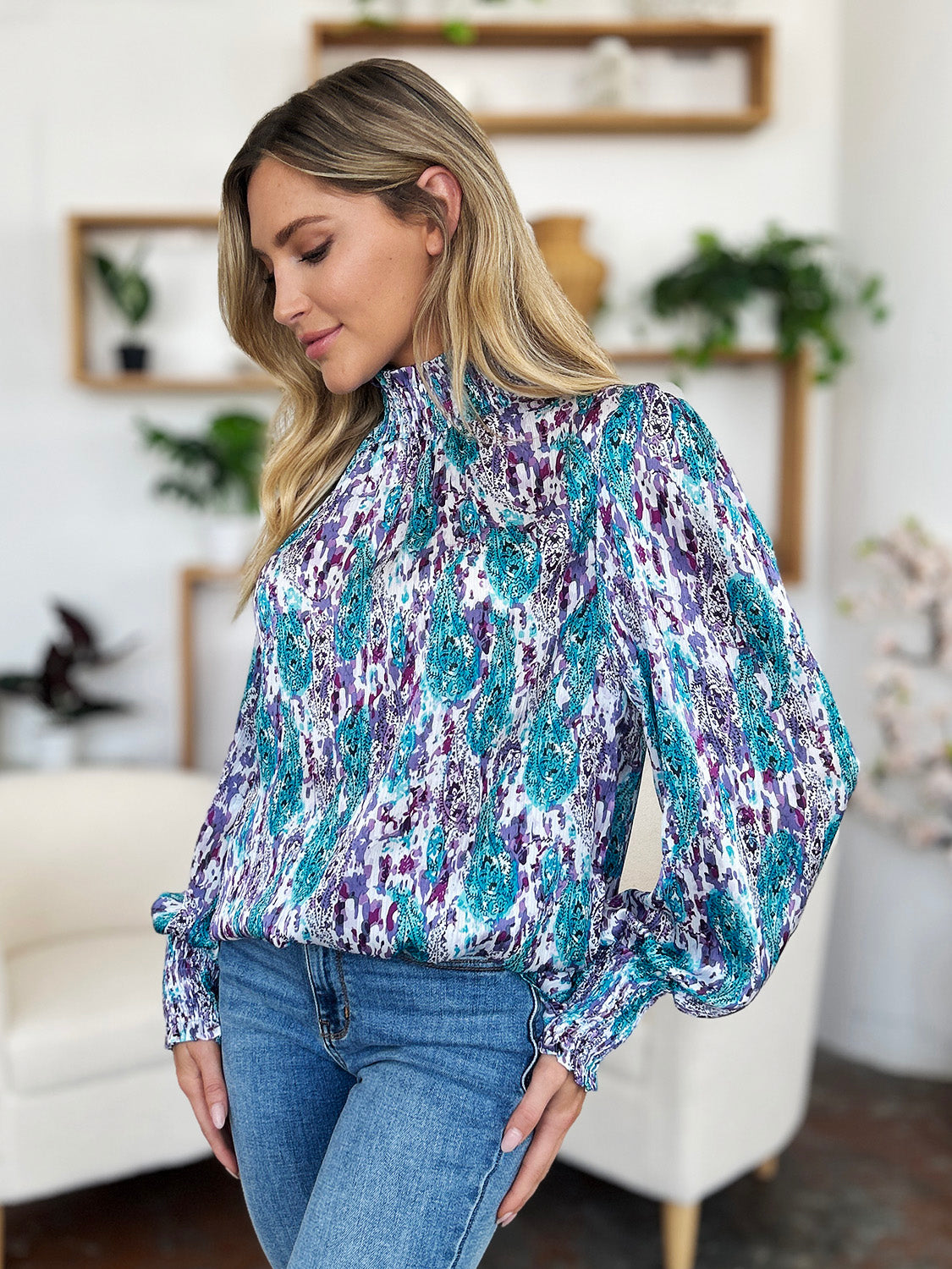 Double Take Full Size Printed Smocked Long Sleeve Blouse - Charming Charlie
