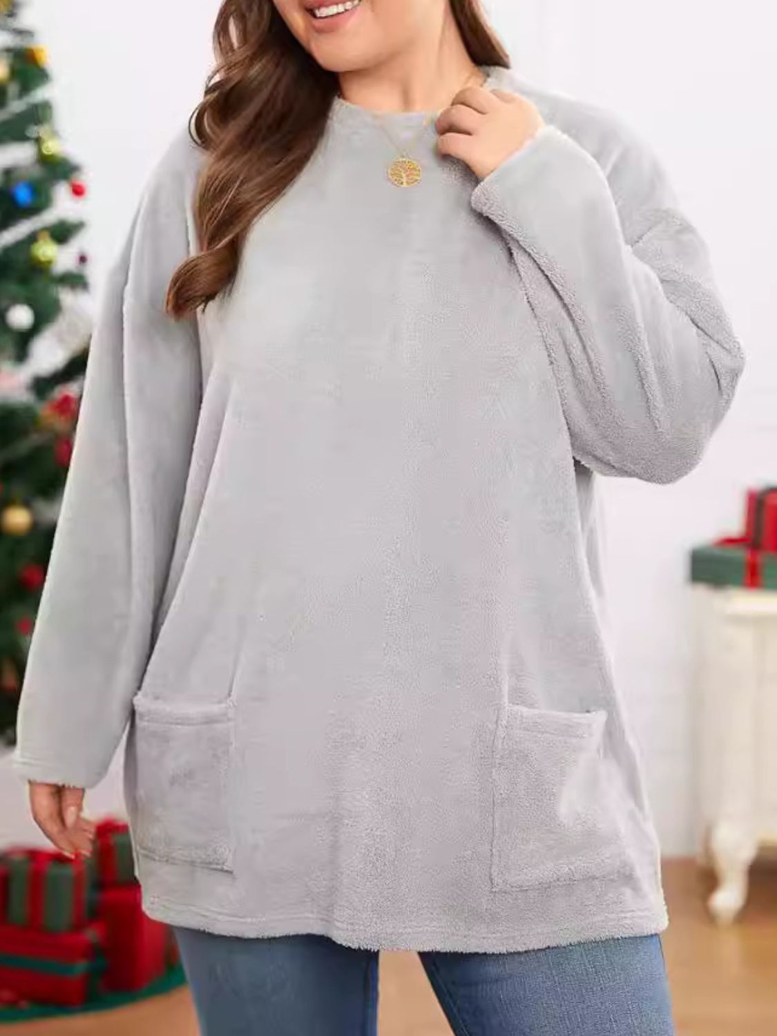 Fuzzy Round Neck Long Sleeve Top - Charming Charlie