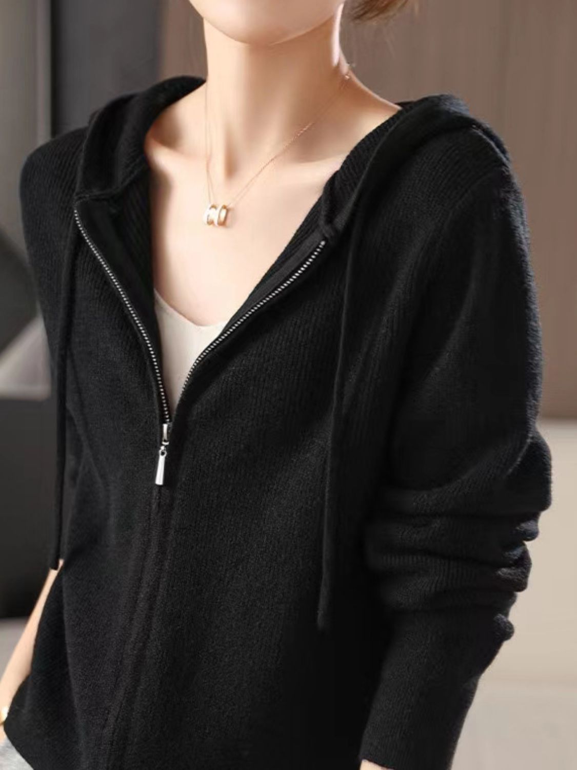 Drawstring Zip Up Long Sleeve Hooded Sweater - Charming Charlie