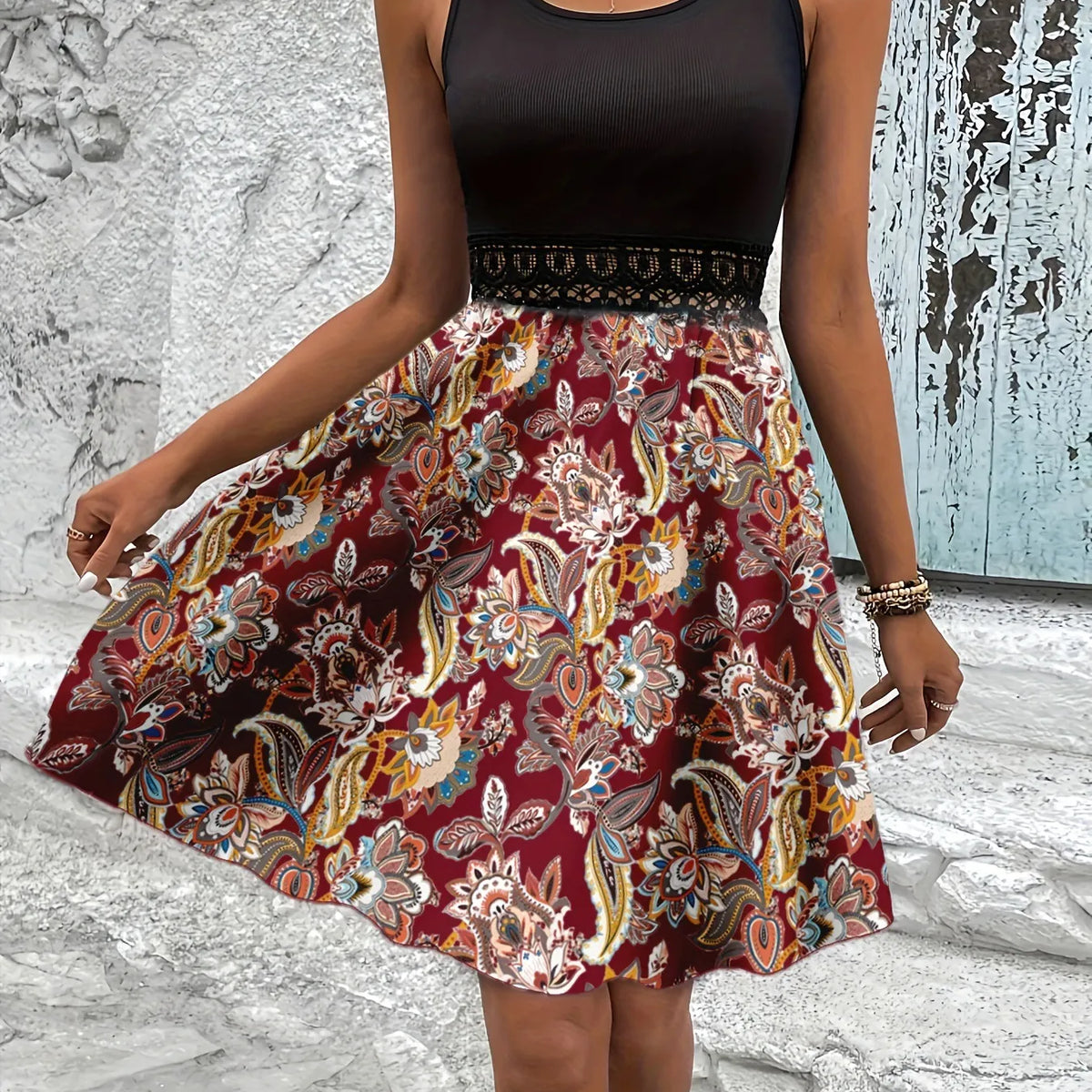 Printed A-Line Tank Dress with Lace Waist Detail – Charming Charlie
