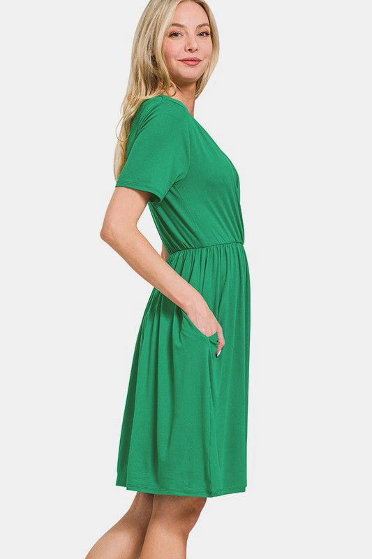 Zenana Surplice Short Sleeve Brushed DTY Dress - Charming Charlie