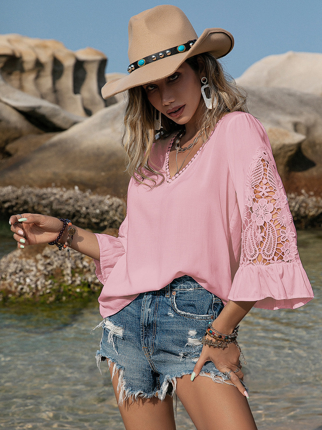 V-Neck Lace Flounce Sleeve Blouse - Charming Charlie