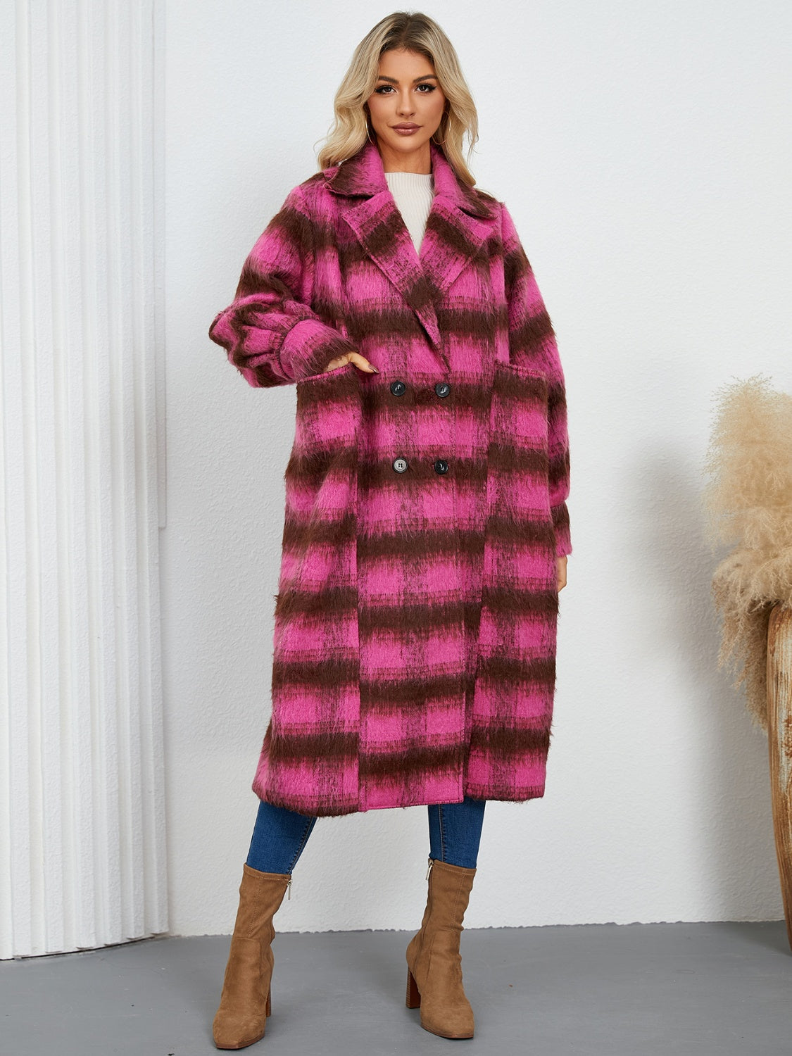 Contrast Double-Breasted Long Sleeve Longline Coat - Charming Charlie