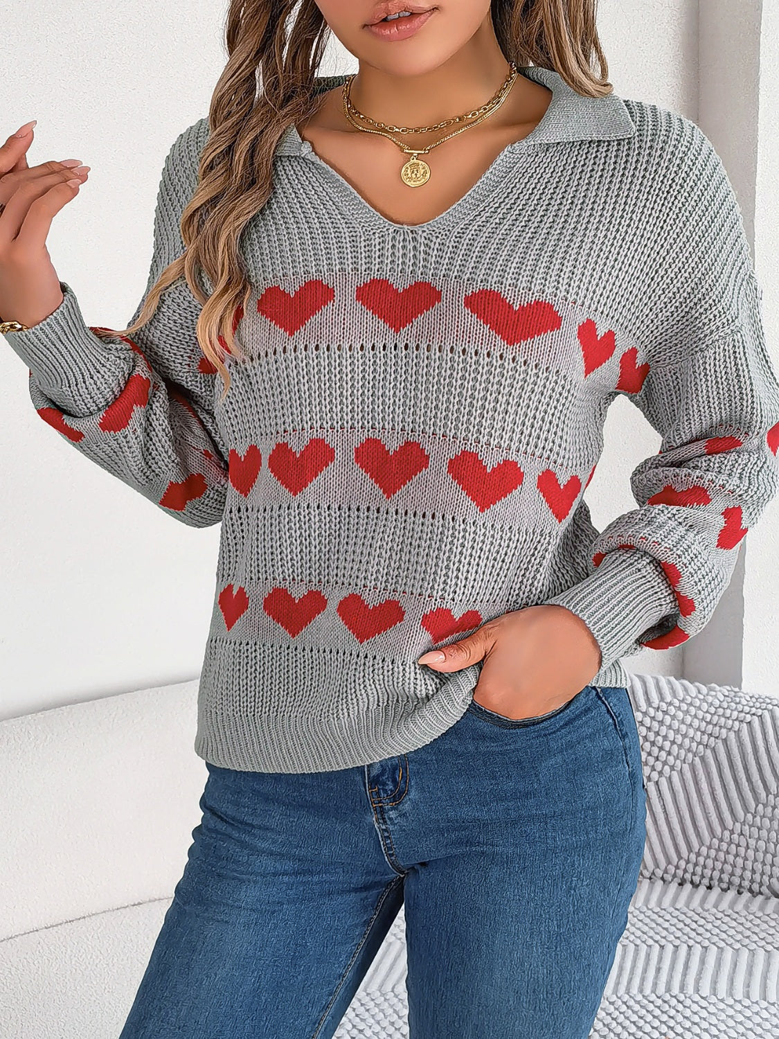 Heart Johnny Collar Long Sleeve Sweater - Charming Charlie