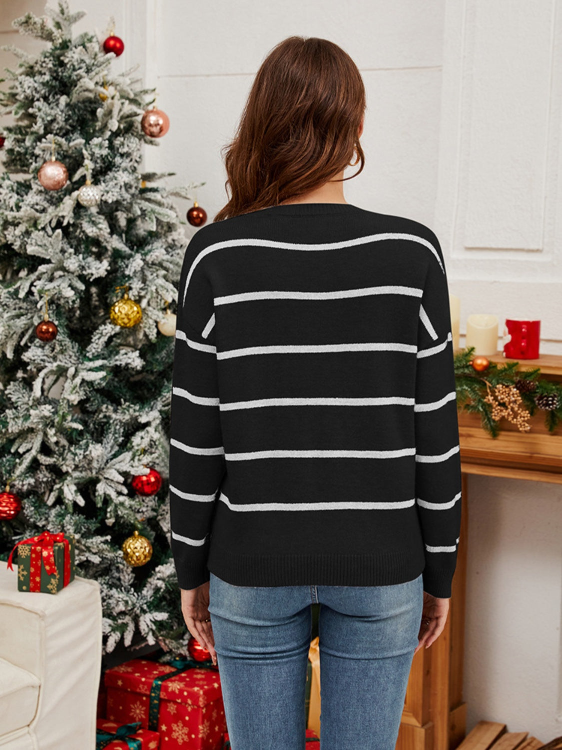 Sequin Santa Striped Round Neck Long Sleeve Sweater - Charming Charlie