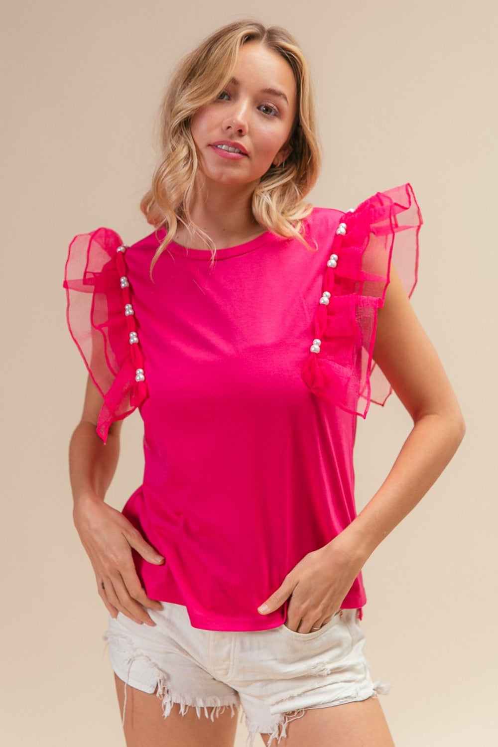 BiBi Pearl Decor Mesh Ruffle Sleeve Top - Charming Charlie