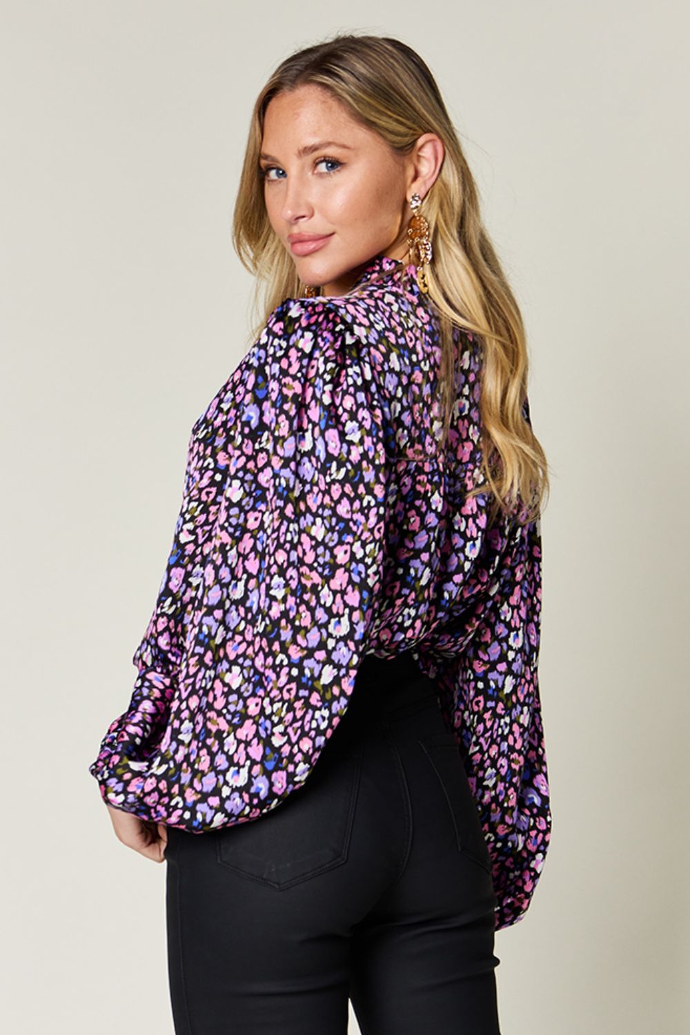 Double Take Full Size Printed Balloon Sleeve Shirt - Charming Charlie