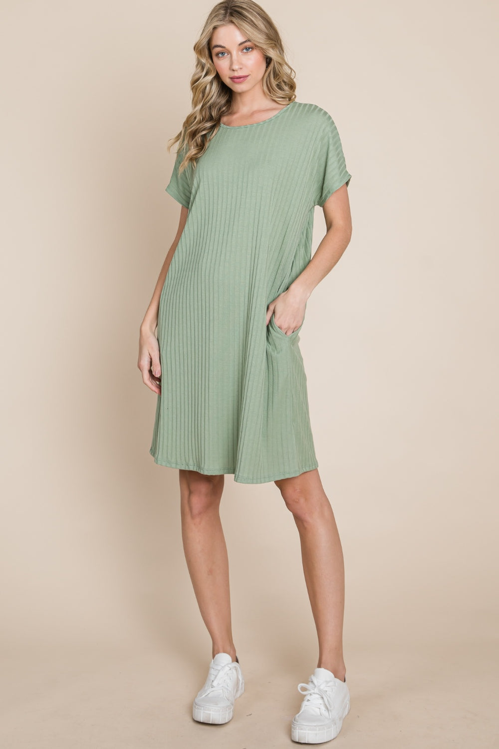 BOMBOM Ribbed Round Neck Short Sleeve Dress - Charming Charlie