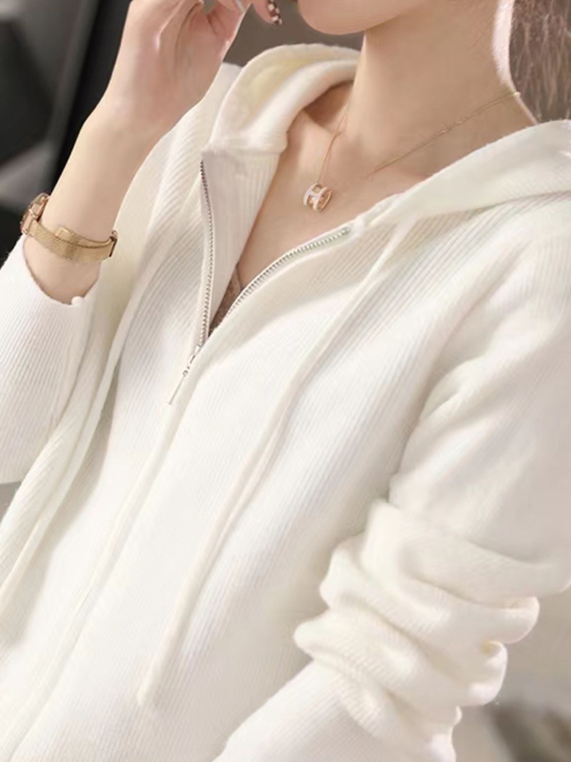 Drawstring Zip Up Long Sleeve Hooded Sweater - Charming Charlie