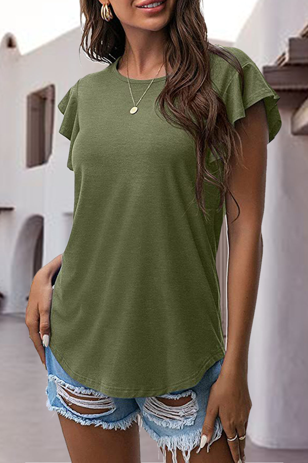 Ruffled Round Neck Cap Sleeve Blouse - Charming Charlie
