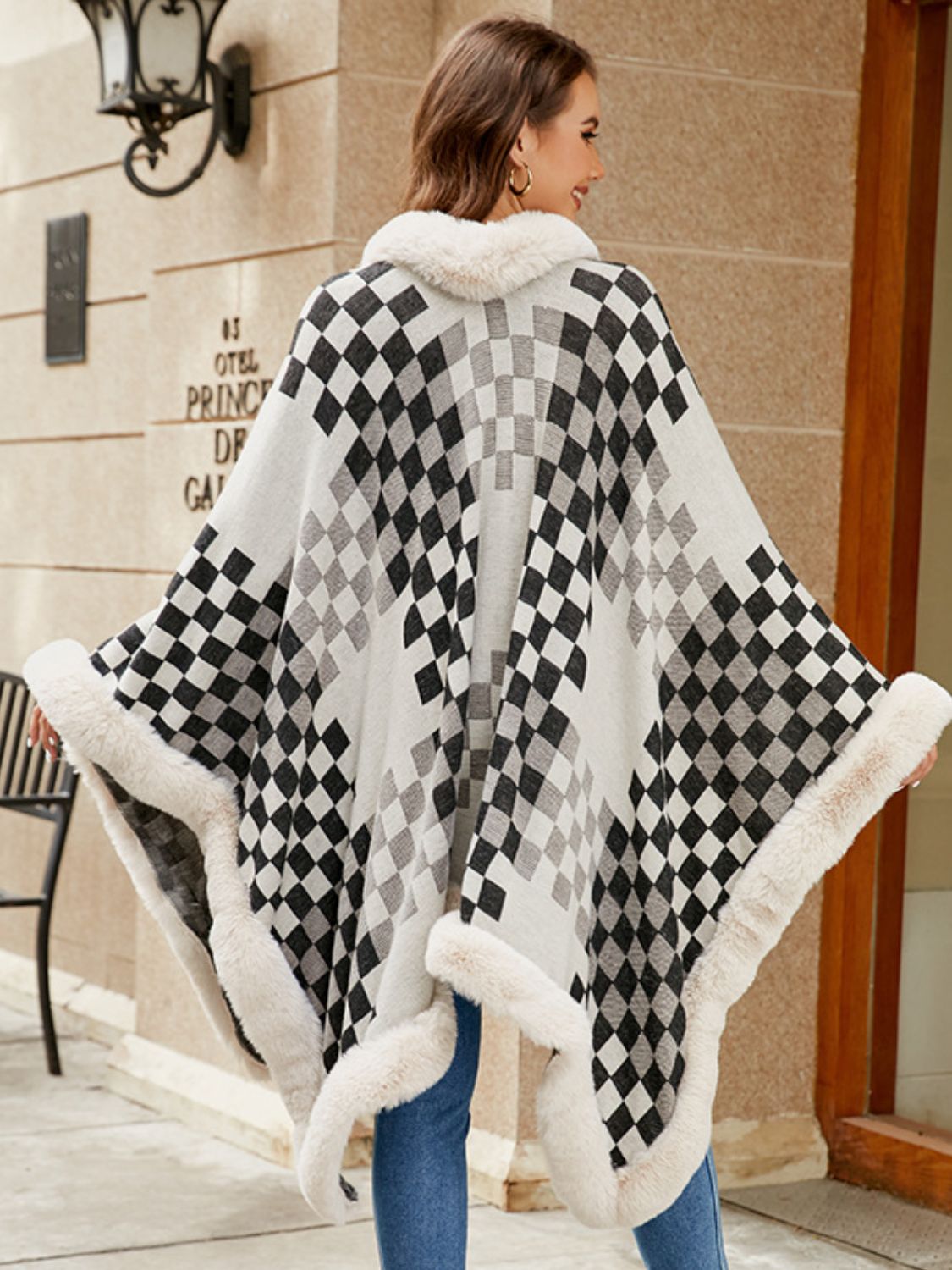 Fuzzy Checkered Long Sleeve Poncho - Charming Charlie