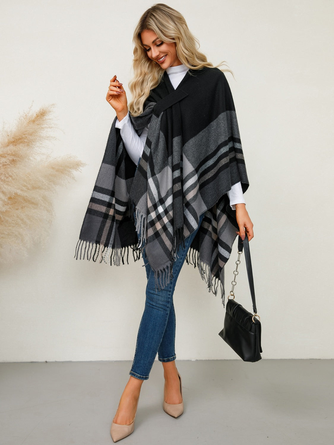 Fringe Contrast Plaid Poncho - Charming Charlie