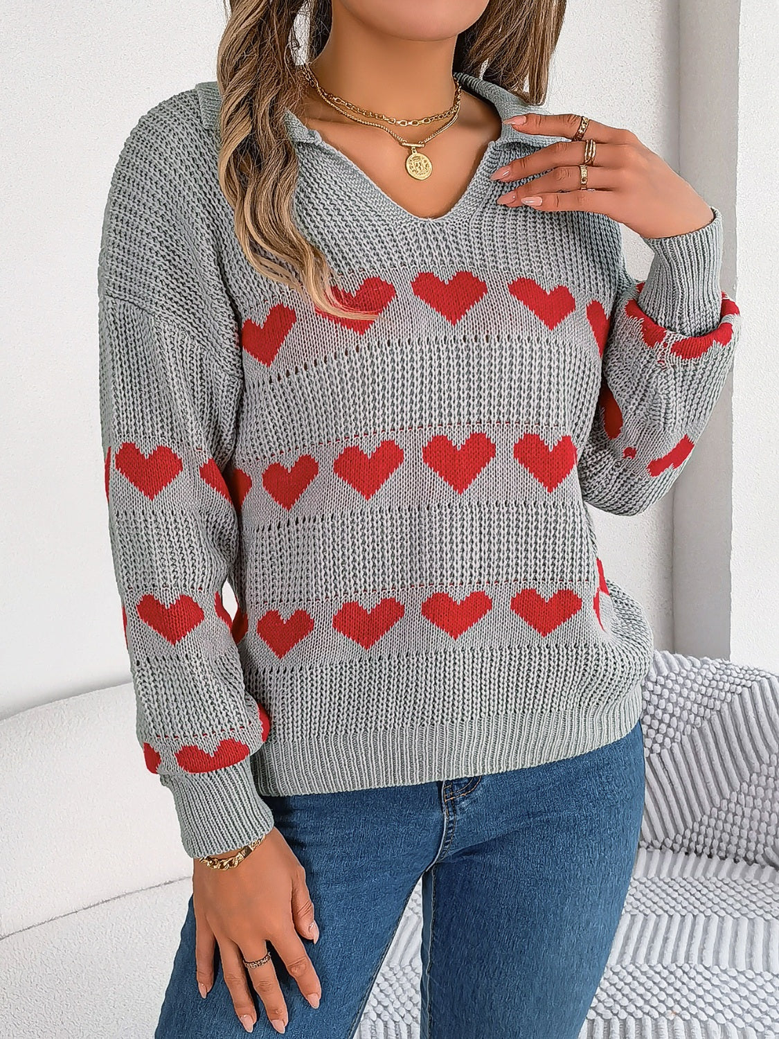 Heart Johnny Collar Long Sleeve Sweater - Charming Charlie