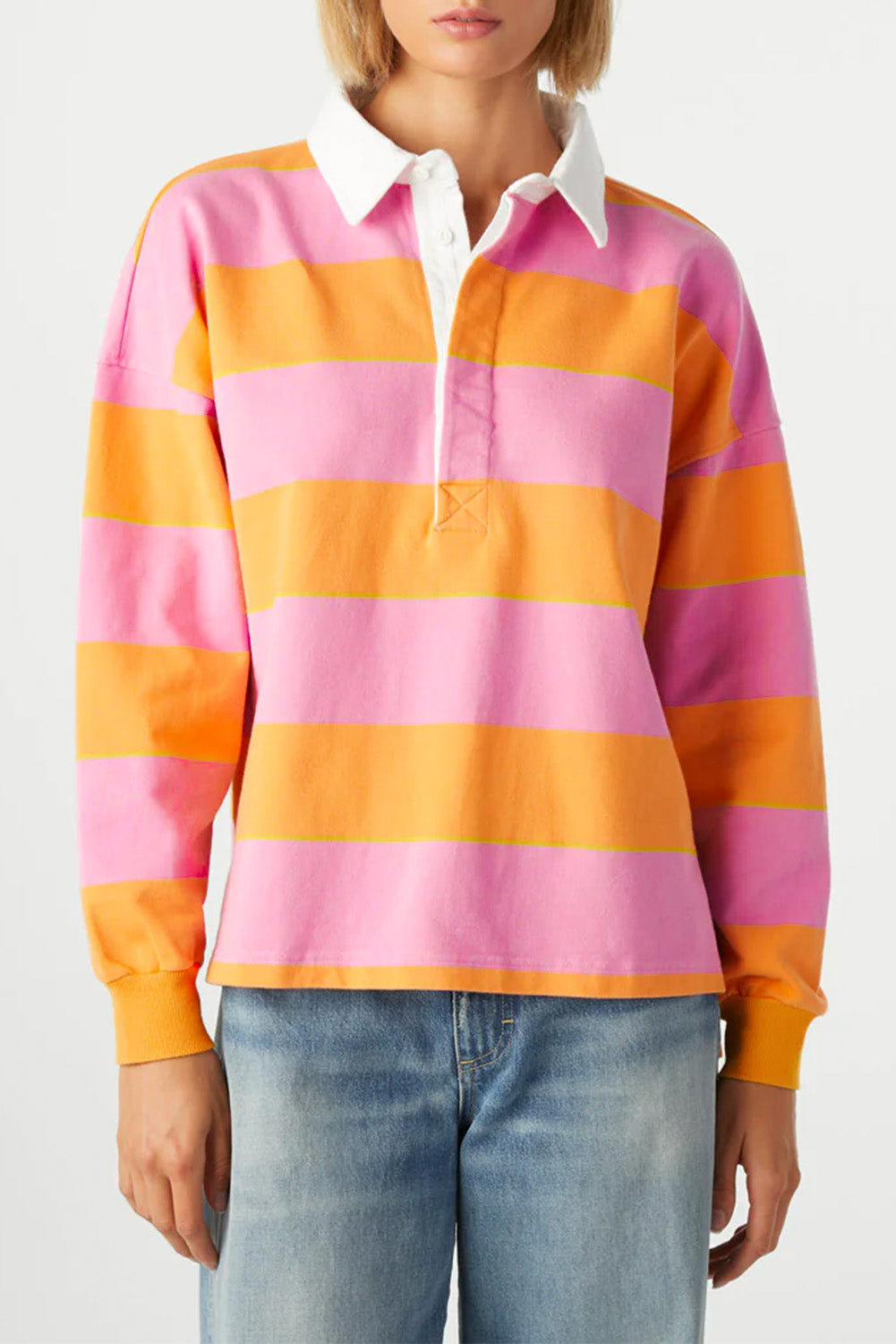 Contrast Striped Collared Neck Long Sleeve Sweatshirt - Charming Charlie
